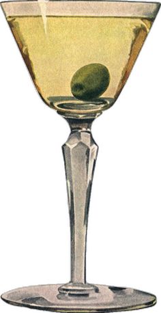 an illustration of a martini glass with olives on the rim and green olives in it