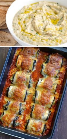 two different dishes with bread and dips in them, one is filled with vegetables