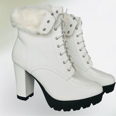 White Fur Topped Boots Platform Boots With Chunky Heel Lace Up, Ankle High 3-3/4” Heel Yellow Ankle Boots, White Gogo Boots, Pink Ankle Boots, Womens Black Ankle Boots, Green Ankle Boots, Animal Print Boots, Dress Boots Women, Lace Ankle Boots, Half Boots