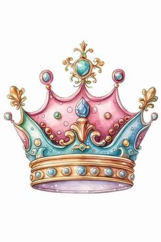 a watercolor drawing of a pink and blue crown with gold detailing on the top