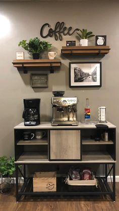 a coffee bar with two shelves above it