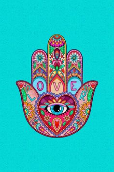 an ornate hamsa with the word love written on it in arabic and english, against a blue background