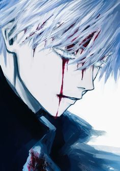 an anime character with white hair and blood on his face