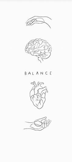 three hands holding different types of food and the words balance written in black ink on a white background