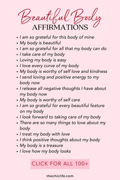 Click for the BEST Confidence and Beauty Affirmations. I've rounded up my favorite 100+ beauty manifestation affirmations to create this amazing beauty affirmations list. The list includes all kinds of beauty affirmations - clear skin, physical beauty, natural beauty, beautiful hair, body love, and more. Add your favorites to your vision board or glow up mood board. Beauty Manifestation, Beauty Affirmations, Skincare Habits, Affirmation Board, Physical Beauty, New Year Goals, Love My Body, Beauty Natural, Body Confidence