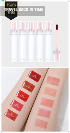 four different shades of lipstick are shown on the left and right side of this image