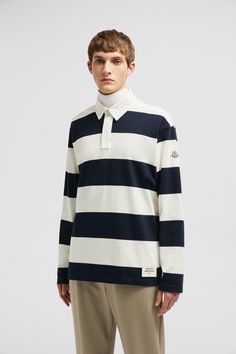 Crafted with contrasting colored stripes, this polo shirt embraces the collection's rugby-inspired aesthetic. The classic style is made from cotton jersey with long sleeves. Classic Long Sleeve Polo Shirt With Contrast Stripes, Cotton Long Sleeve Polo Shirt With Contrast Stripes, White Long Sleeve Polo Sweater With Striped Collar, Striped Cotton Polo Sweater, Cotton Polo Sweater With Contrast Stripes, Cotton Polo Sweater With Striped Collar, Inspired Aesthetic, Polo Long Sleeve, Polo Shirt White