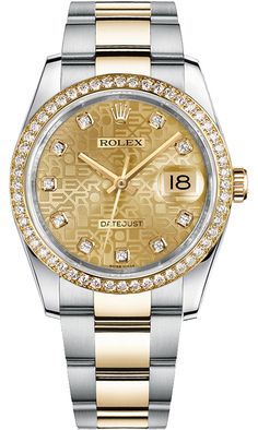 116243 | 116243-0029 | 116243-CHPJDO ROLEX DATEJUST 36 MEN'S OR WOMEN'S LUXURY WATCH Store Display Model (What's This?) - With Manufacturer Serial Numbers - Swiss Made - Jubilee Champagne Dial Set with Diamonds - Solid 18k Yellow Gold Diamond Bezel - 10 Diamonds Set on Dial - 52 Diamonds Set on Bezel - Date Feature - Self-winding Automatic Chronometer Movement - 6 Year Warranty - Guaranteed Authentic - Certificate of Authenticity - Manufacturer Box & Manual - Solid 18k Yellow Gold with 904L Oystersteel Stainless Steel Case & Oyster Bracelet - Scratch Resistant Sapphire Crystal - 100 Meters / 330 Feet Waterproof - 36mm = 1 1/3" Case, 6" Adjustable Bracelet - Deployment Buckle - Screw Down Crown & Caseback - Free Bracelet Sizing     Also Known As Model # M116243-0029 / 116243-CHPJDO Men Illustration, Rolex Oyster Perpetual Datejust, Rolex Milgauss, Fossil Watches Women, Rolex Women, Watches Collection, Oyster Perpetual Datejust, Rolex Watches For Men, Rolex Men