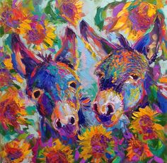 two donkeys surrounded by sunflowers on a white background