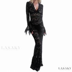 Lasaky - Seductive Lace Top Sheer Long Sleeve Dress Long Fitted Dresses, Floral Party Dress, Women Lace Dress, Flare Sleeve Dress, Flare Long Sleeve, Fantasy Gowns, Bodycon Maxi Dresses, Lace Evening Dresses, Black Lace Dress