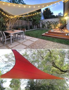 the backyard is decorated with string lights and an outdoor dining table set up for dinner