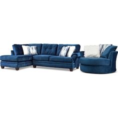 a blue couch and chair sitting next to each other on a white background with pillows