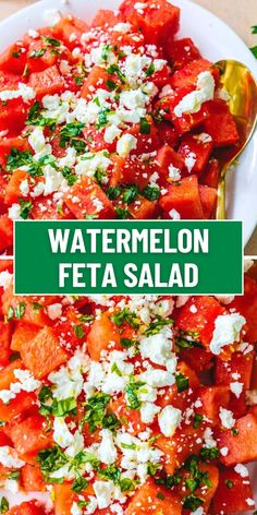 watermelon feta salad on a white plate with a green sign over it