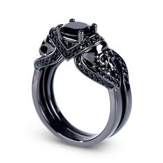 Jeulia Black Tone Round Cut Sterling Silver Skull Ring - Jeulia Jewelry Black Wedding Rings Score Jewelry, Cheap Silver Gothic Rings, Luxury Gothic Rings For Anniversary, Luxury Gothic Jewelry For Anniversary, Luxury Gothic Anniversary Rings, Cheap Gothic Rings For Halloween, Gothic Wedding Rings Lightinthebox, Gothic Wedding Rings, Skull Wedding Ring