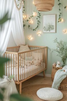 a baby's room decorated with plants, lights and blankets on the ceiling is lit by wicker baskets