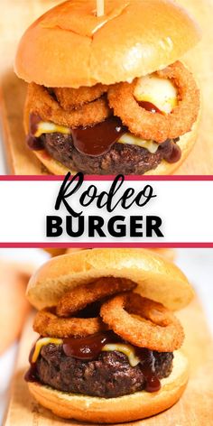 two burgers with onion rings on them and the words kohlo burger above it