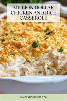 Need a new go-to recipe? This million-dollar chicken and rice casserole is packed with flavor, incredibly creamy, and full of cheese! With simple ingredients and easy steps, you’ll have a meal that’s as tasty as it is comforting. Make your next dinner a hit with this irresistible dish—find the full recipe here!  #ComfortFoodRecipes #CheesyDinners #QuickMeals #ChickenRecipes #DinnerTonight Chicken With Rice A Roni Recipes, Chicken And Rice Ranch Casserole, Chicken Ranch Rice Casserole, Chicken And Rice Ritz Casserole, Grandma's Chicken And Rice Casserole, Million Dollar Chicken And Rice Casserole, Chicken And Rice With Cream Cheese, Alfredo Chicken And Rice, Million Dollar Chicken And Rice