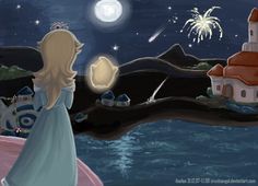 a painting of a girl looking at fireworks in the night sky over a town and lake