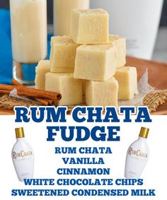 rumchata fudge with cinnamon and white chocolate chips is featured in this ad for rumchata fudge