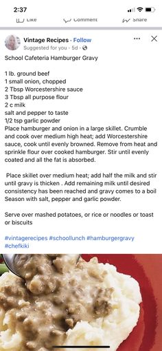 the recipe for mashed potatoes with gravy is shown on an iphone screen