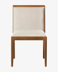 an upholstered chair with a wooden frame and fabric seat pad on the back