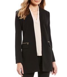 From Calvin Klein&#x2C; this jacket features:scuba crepe suiting fabricationopen necklinelong sleevesside front flap pockets with metal zipper trimopen front; no closureapprox. 32" lengthpolyester/spandexdry cleanImported. Dillards Women, Black White Blazer, Cream Blazer, Open Front Jacket, Women's Coats And Jackets, Womens Blazers, Maxi Dresses Casual, Calvin Klein Black, Women's Coats