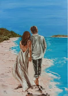 a painting of two people walking on the beach with blue water in the back ground