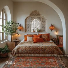 a large bed sitting under an arched window next to a potted plant on top of a wooden floor