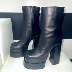 Versace 155mm Platform Boots ( Brand New ) Sz 39 1/2 Luxury Black Chunky Platform Heels, High Ankle Platform Boots For Formal Occasions, Bold Black Leather Platform Boots, Leather Platform Boots With 4-inch Heel For Party, Elegant High Heel Platform Boots With Chunky Platform, Formal Leather Platform Boots With Chunky Platform, Chic Closed Toe Platform Boots With Chunky Platform, Formal High Heel Boots With Chunky Platform, Formal Heeled Boots With Chunky Platform