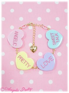 Kawaii Wishlist, Glittery Jewelry, Hearts Bracelet, Candy Bracelet, Pastel Candy, Pretty Heart, Conversation Hearts, Candy Hearts, Kawaii Jewelry