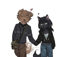 two people holding hands with a cat on the other hand and a dog walking behind them