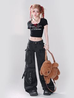 ❤︎First Generation Black Logo Ribbon Cropped T-Shirt❤︎ Black Denim Cargo Style Pants, Alternative Black Denim Pants, Edgy Black Denim Cargo Pants, Alternative High-waist Black Cargo Pants, Gothic Cargo Shorts, Cargo Pants Style, Denim Cargo Pants, Black Cargo Pants, Black Cargo