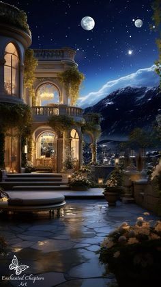 an artistic rendering of a mansion at night