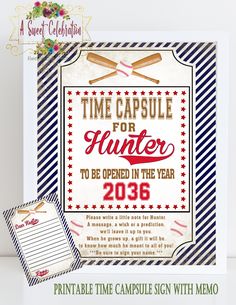 a baseball themed birthday card and envelope with the words time capsule for hunter to be opened in the year 205