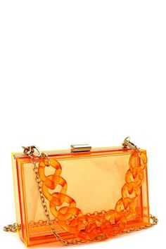 Linked Chain Strap Transparent Clear Acrylic Hard Clutch 1 optional plastic linked chain strap & 1 optional chain shoulder strap 100% acrylic Gold-tone hardware Closure - snap Orange Purse, Shipping Boxes, Promotional Item, Shoe Box, Chain Strap, Clear Acrylic, Sale Items, Gold Tones, Shoulder Strap