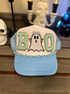 Youth boo trucker hat perfect for your little one for Halloween time Hand Painted Hats Design, Halloween Trucker Hat, Foam Hats, Painted Hats, Halloween Time, Halloween Hats, Cute Hats, Favorite Holiday, Trucker Hats