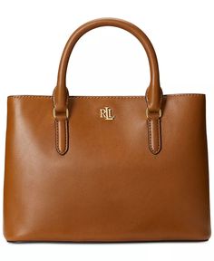 Lauren Ralph Lauren - Leather Small Marcy Satchel Luxury Medium Satchel With Detachable Handle, Fall Satchel With Top Handle And Leather Lining, Fall Top Handle Satchel With Leather Lining, Elegant Medium Workwear Bags, Brown Calf Leather Satchel, Elegant Medium Satchel With Detachable Strap, Cognac Leather Satchel With Branded Hardware, Luxury Medium Shoulder Bag For Formal Occasions, Classic Leather Satchel With Branded Hardware