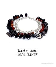 Witches Craft Charm Bracelet. This bracelet will fitup to a 7.5 inch bracelet. Charms are lovely enamel black and silver, a pentacle, a spell book, a moon, sun and star, and a moon and pentacle. The beads are a carnelian for courage in the darkness, black onyx for structured defence, gold and silver obsidian for scrying and protection , black agate is protective and increases potency and matt black onyx protects from negativity and promotes courage. A really lovely bracelet for any witches or pa Silver Obsidian, Moon Crafts, Moon Sun, Bracelet Charms, Sun And Stars, Black Agate, Spell Book, Organza Gift Bags, Clear Quartz