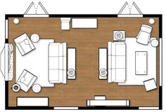 a drawing of a living room and kitchen area with furniture in it, including couches