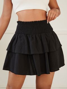 Black Casual   Cotton Plain Layered/Tiered Embellished Non-Stretch Summer Women Bottoms Cheap Ripped High Rise Mini Skirt, Black Ruffled Skirt, Lightweight Skirt, Frill Skirt, Diy Vetement, Rock Outfit, Tiered Ruffle Skirt, Stylish Skirts, Black High Waist