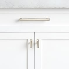 a close up of a white cabinet door with two pulls on the top and bottom