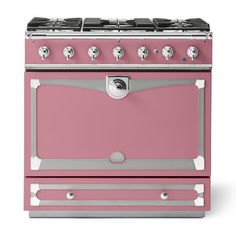 a pink stove top oven with two burners and one door open on an isolated white background