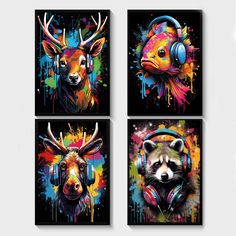 four paintings of animals with headphones on each one is multicolored and has different designs