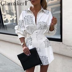 Women Street Fashion White Long Sleeve Mini Short Shirt Dress Letter Print L0293 Dress Luxury, Chique Outfits, Beach Mini Dress, Collared Shirt Dress, Plunge Dress, Mini Robes, Print Out, Dress Shirts For Women, White Shirt Dress