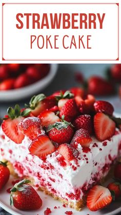 strawberry poke cake on a plate with strawberries