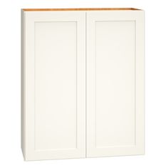 a white cabinet with two doors and a wooden top