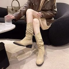 Beige Suede Cowboy Boots | Irene - Red Velvet Beige 38 Beige Fitted Mid-calf Casual Boots, Beige Fitted Casual Mid-calf Boots, Fitted Casual Beige Mid-calf Boots, Casual Mid-calf Boots With Almond Toe, Beige Pointed Toe Casual Boots, Casual Winter Heeled Boots With Almond Toe, Casual Heeled Boots With Almond Toe For Winter, Casual Beige Pointed Toe Boots, Casual Almond Toe Heeled Boots For Winter