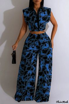 Olivia Mark - Stylish Womens Navy Blue Printed Patchwork Two-Piece Sleeveless Dress Set with Turndown Collar Blue Two Piece, Sleeveless Suit, Two Piece Pants Set, Elegant Red, Turndown Collar, Patchwork Designs, Casual Sets, Navy Women, Olivia Mark