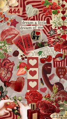 the collage is made up of red and white flowers, hearts, roses, and other things