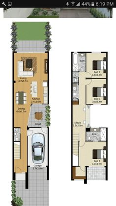 two story house plans with garage and living room in the middle, from top to bottom